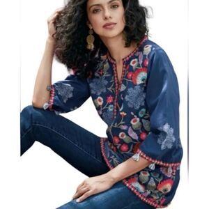 Soft Surroundings navy blue lined embroidered 3/4 sleeve tunic top Sz 3X #2527